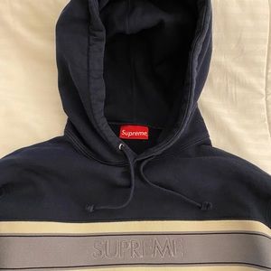 Supreme NY Chest Stripe Logo Hoodie Navy Blue